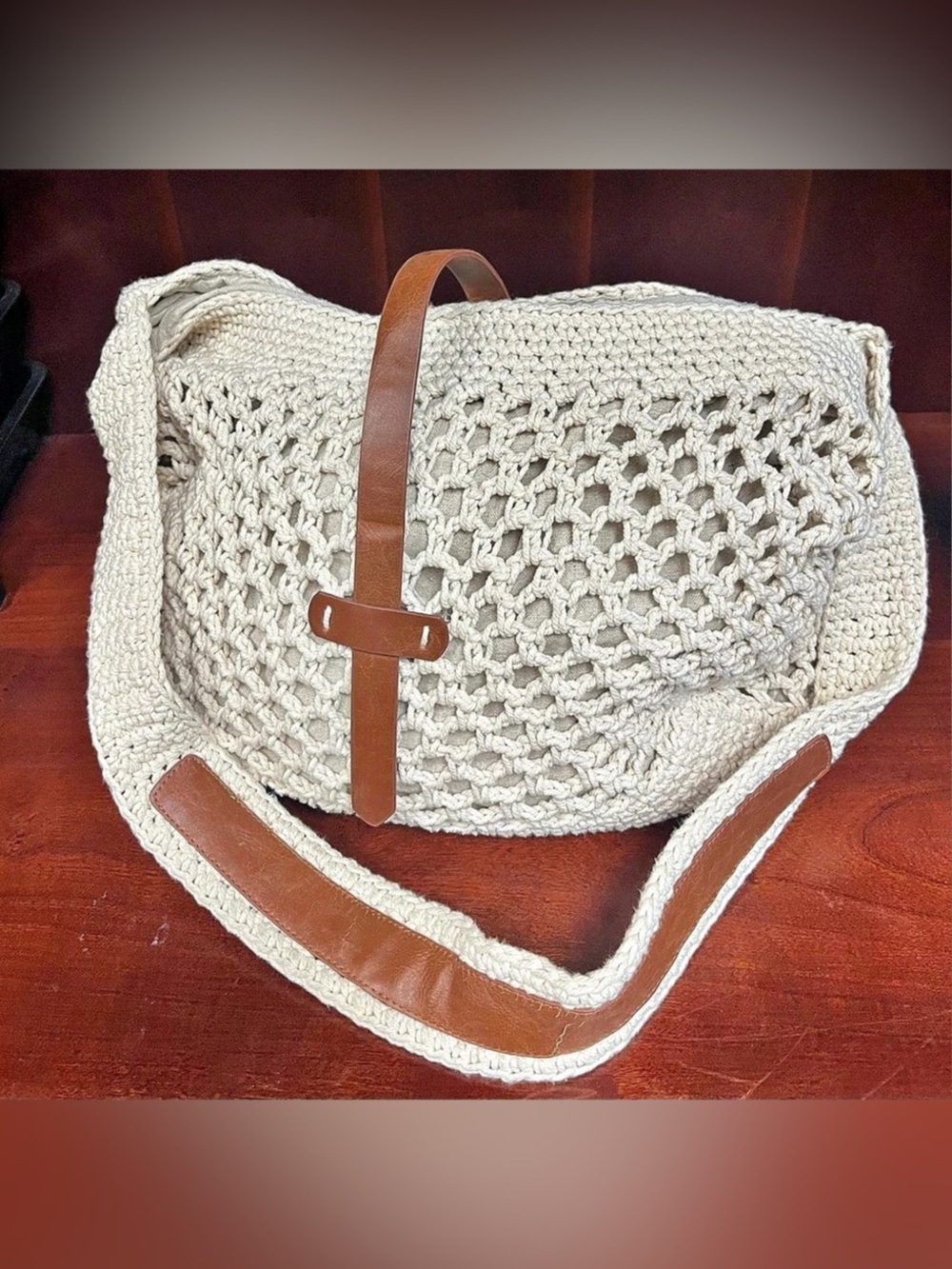 Nila Anthony Crochet Shoulder Bag in Cream with Brown Accents